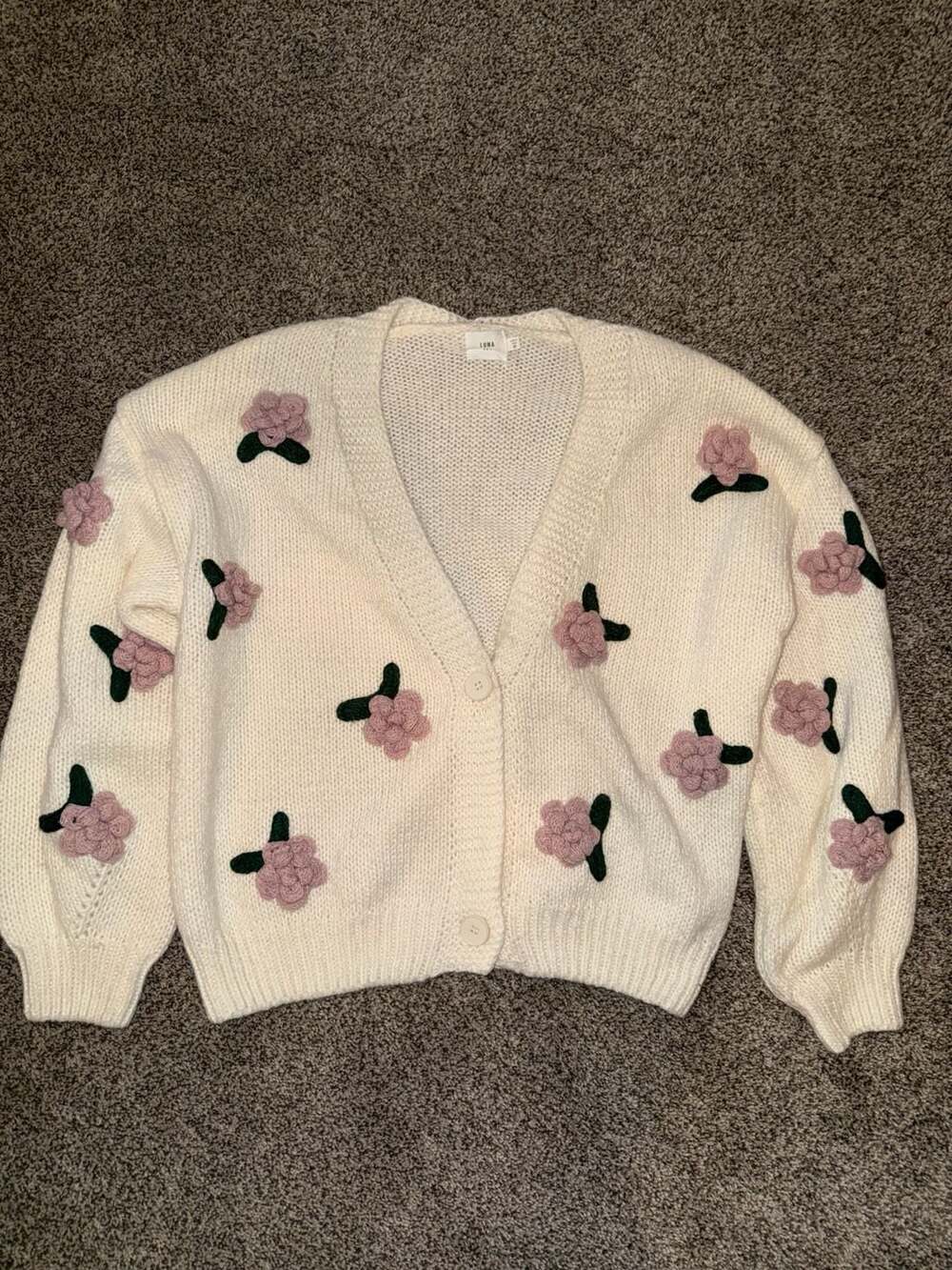 Luna Cardigan Size M Cream 3D Floral Applique Knit V-Neck Sweater